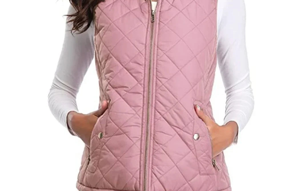 Dairine - Women's Diamond-Quilted Puffer Vest with Stand Collar - Pink