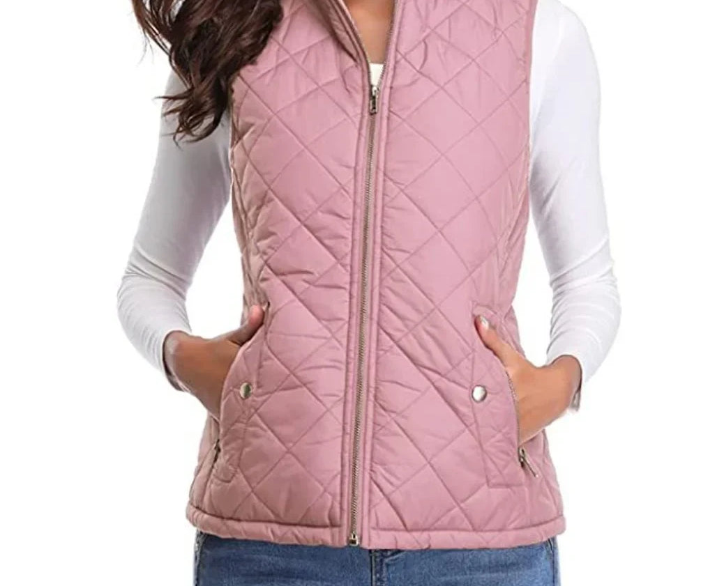 Dairine - Women's Diamond-Quilted Puffer Vest with Stand Collar - Pink