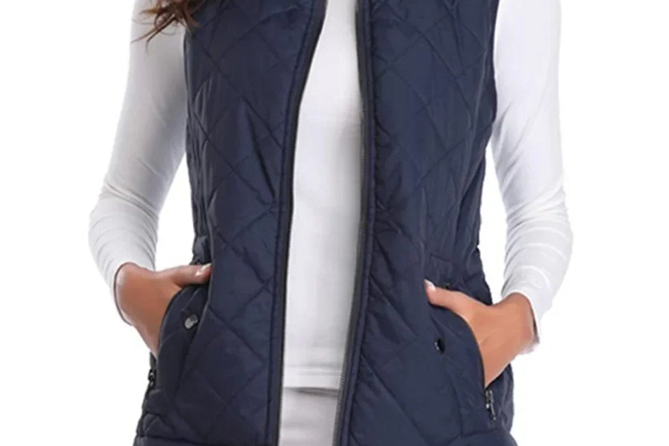 Dairine - Women's Diamond-Quilted Puffer Vest with Stand Collar - Blue