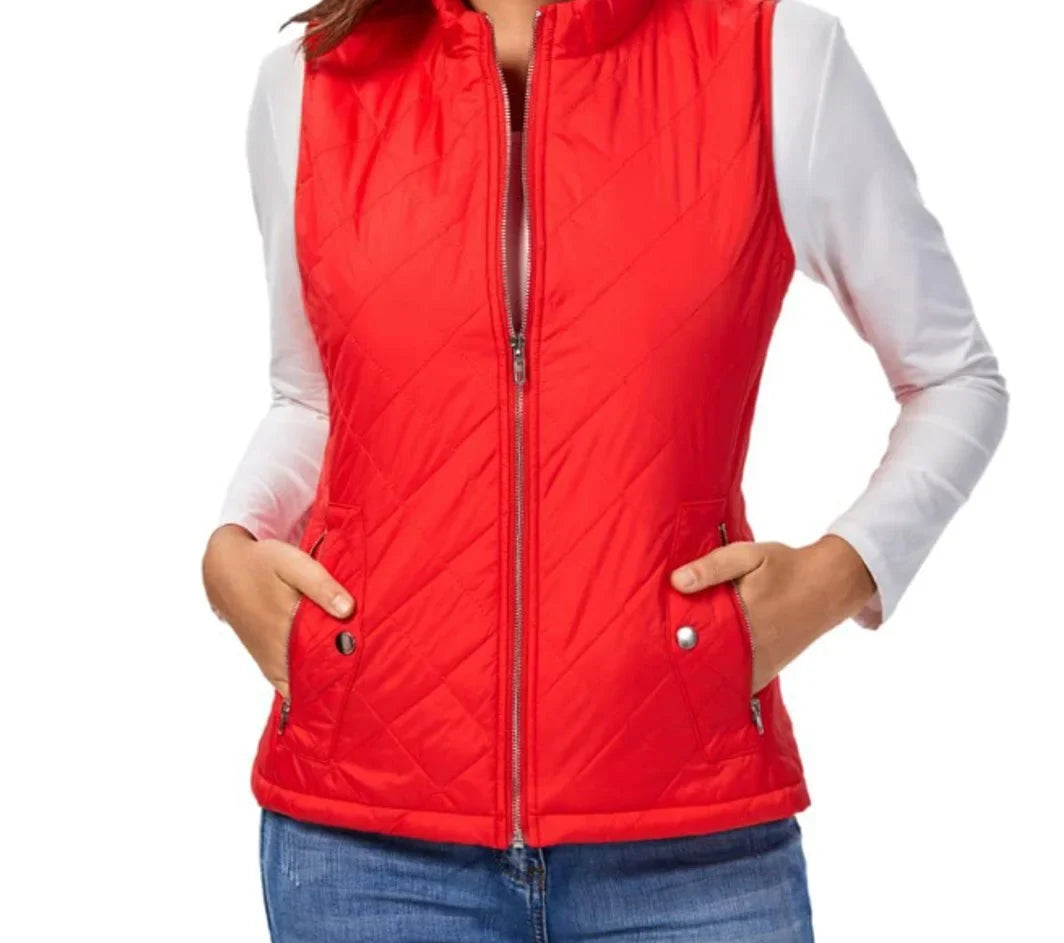 Dairine - Women's Diamond-Quilted Puffer Vest with Stand Collar - Red