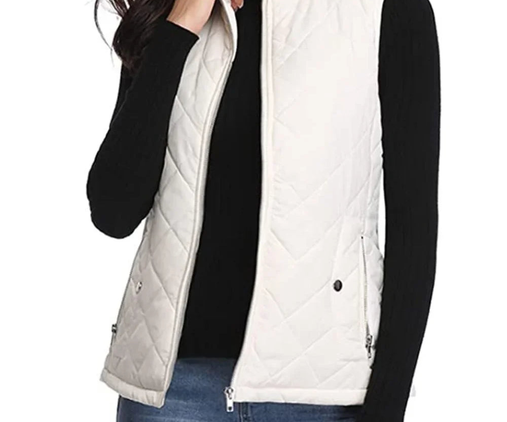 Dairine - Women's Diamond-Quilted Puffer Vest with Stand Collar - White