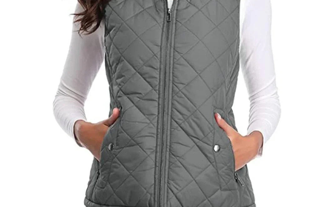 Dairine - Women's Diamond-Quilted Puffer Vest with Stand Collar - Gray