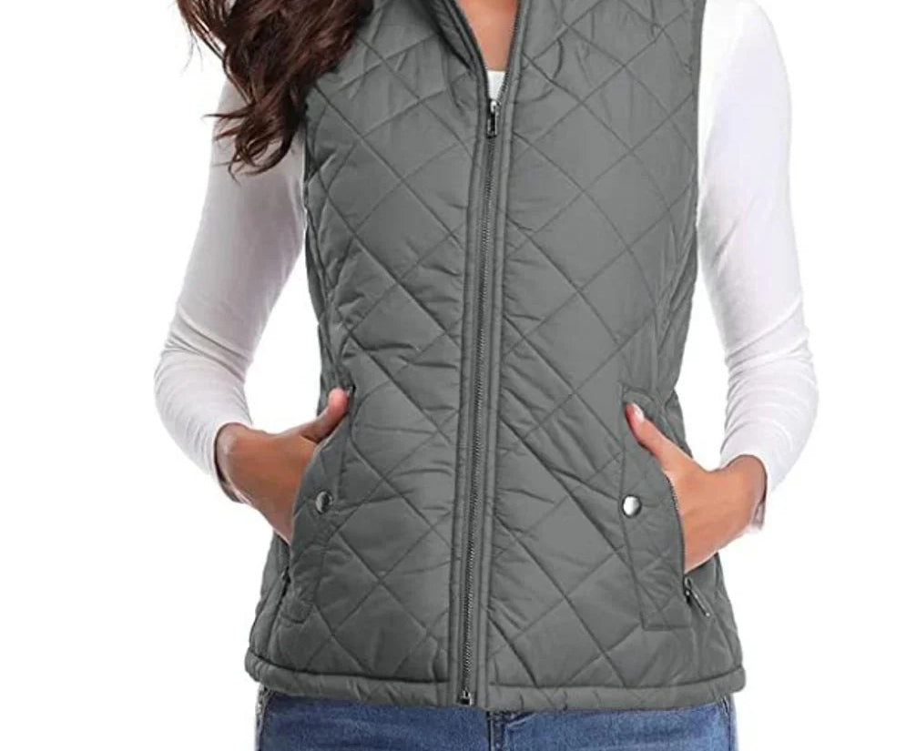 Dairine - Women's Diamond-Quilted Puffer Vest with Stand Collar - Gray