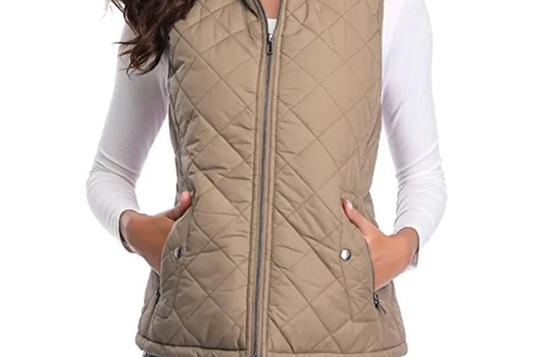 Dairine - Women's Diamond-Quilted Puffer Vest with Stand Collar - Light Mocha