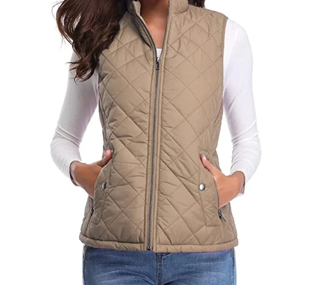 Dairine - Women's Diamond-Quilted Puffer Vest with Stand Collar - Light Mocha