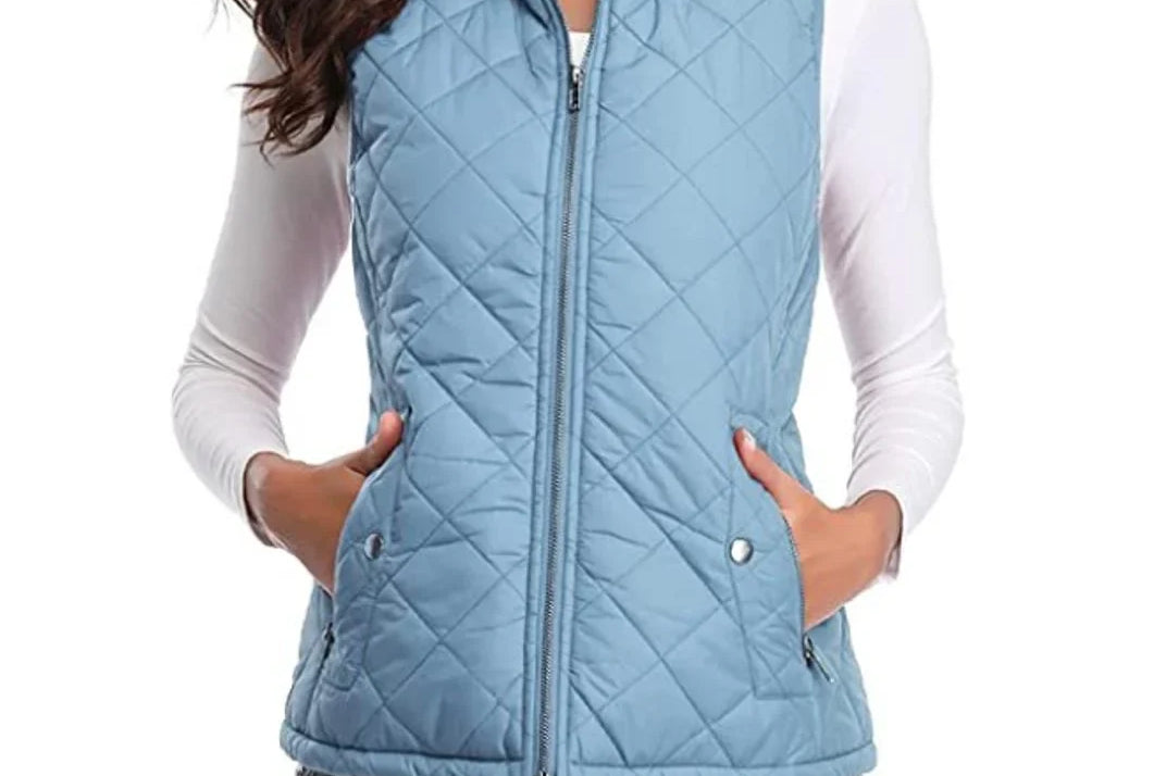 Dairine - Women's Diamond-Quilted Puffer Vest with Stand Collar - Light Blue