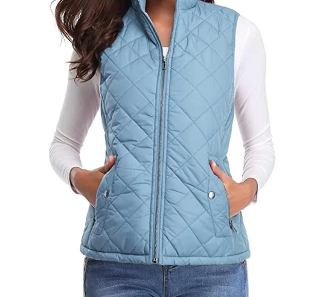 Dairine - Women's Diamond-Quilted Puffer Vest with Stand Collar - Light Blue