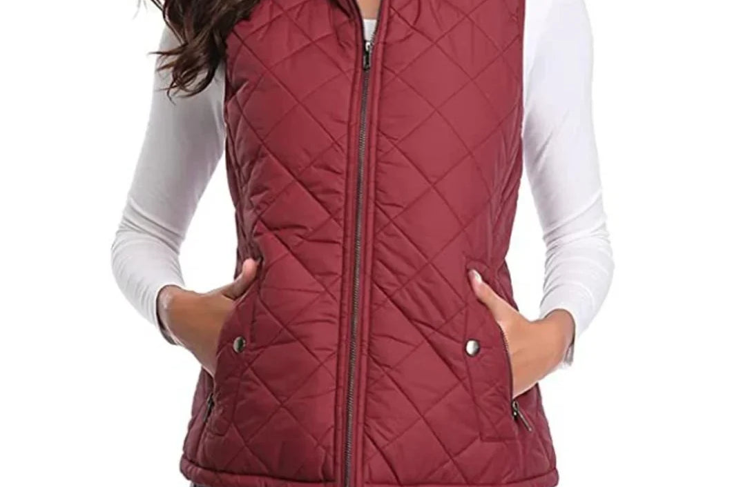 Dairine - Women's Diamond-Quilted Puffer Vest with Stand Collar - Burgundy