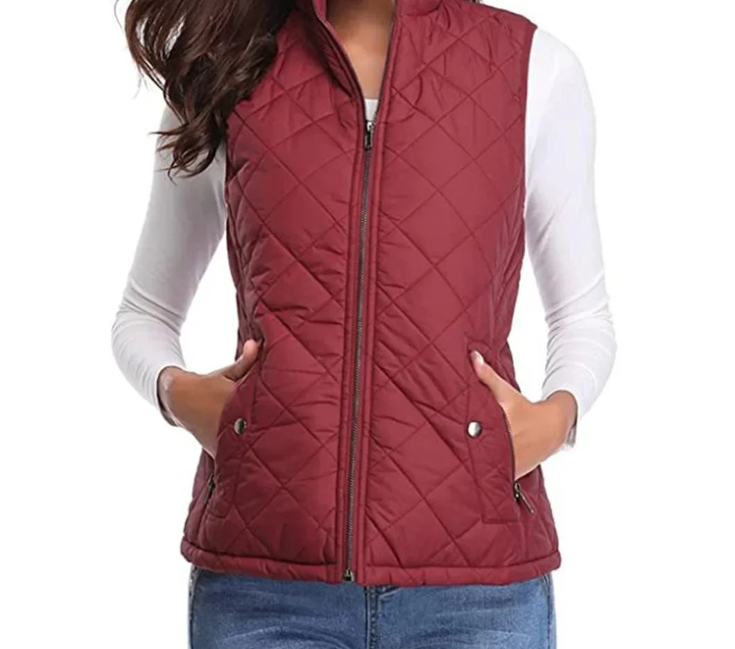 Dairine - Women's Diamond-Quilted Puffer Vest with Stand Collar - Burgundy