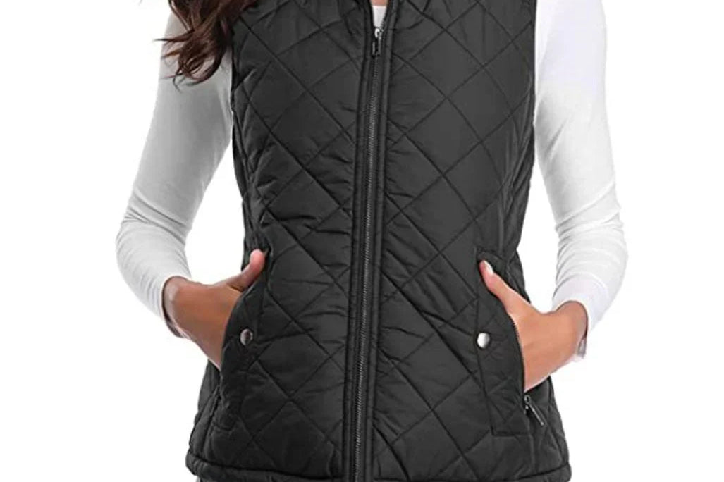 Dairine - Women's Diamond-Quilted Puffer Vest with Stand Collar - Black