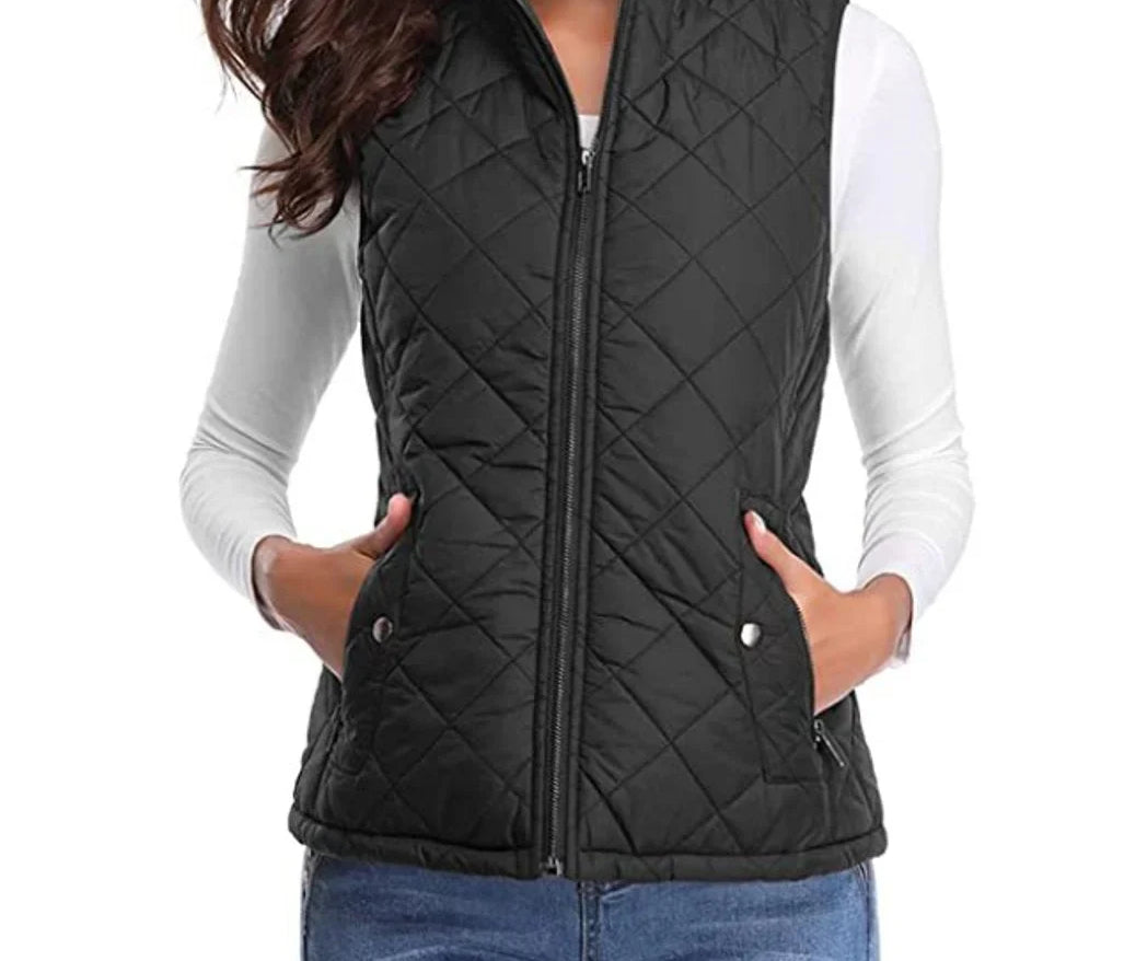 Dairine - Women's Diamond-Quilted Puffer Vest with Stand Collar - Black