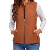 Dairine - Women's Diamond-Quilted Puffer Vest with Stand Collar - Khaki