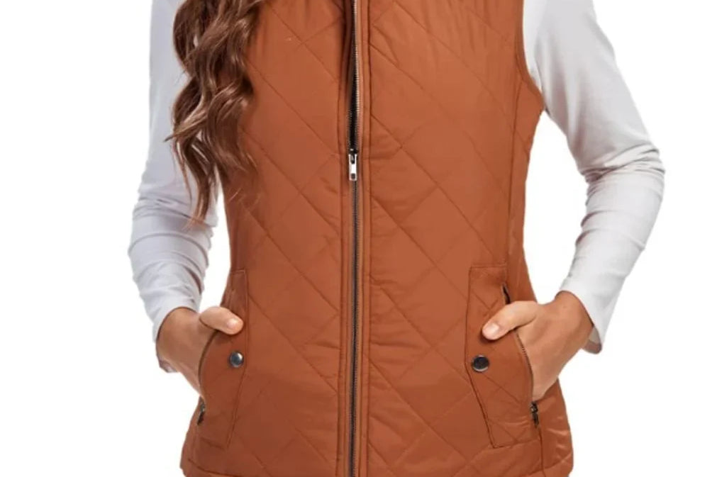 Dairine - Women's Diamond-Quilted Puffer Vest with Stand Collar - Khaki