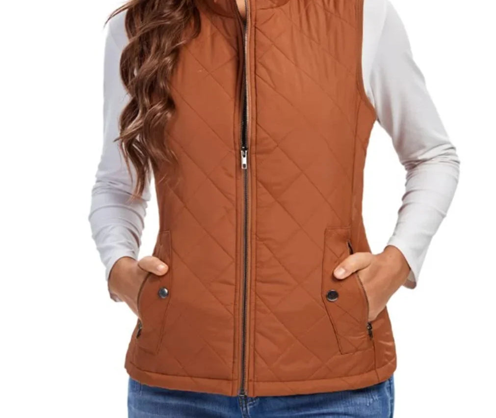 Dairine - Women's Diamond-Quilted Puffer Vest with Stand Collar - Khaki