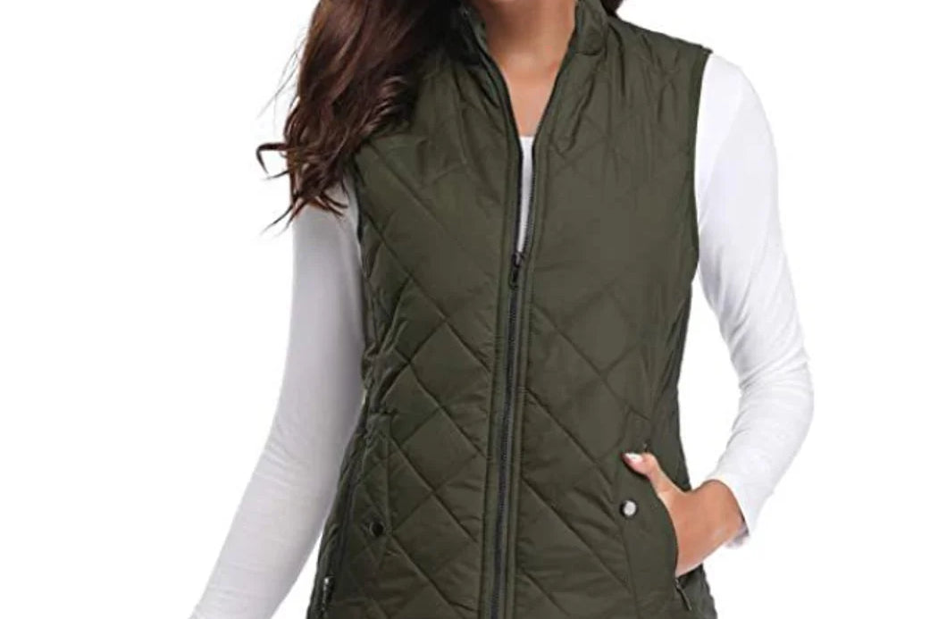 Dairine - Women's Diamond-Quilted Puffer Vest with Stand Collar - Olive Green