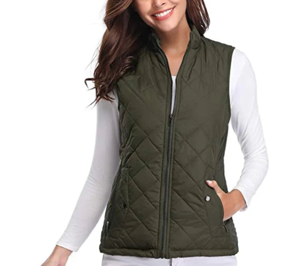 Dairine - Women's Diamond-Quilted Puffer Vest with Stand Collar - Olive Green