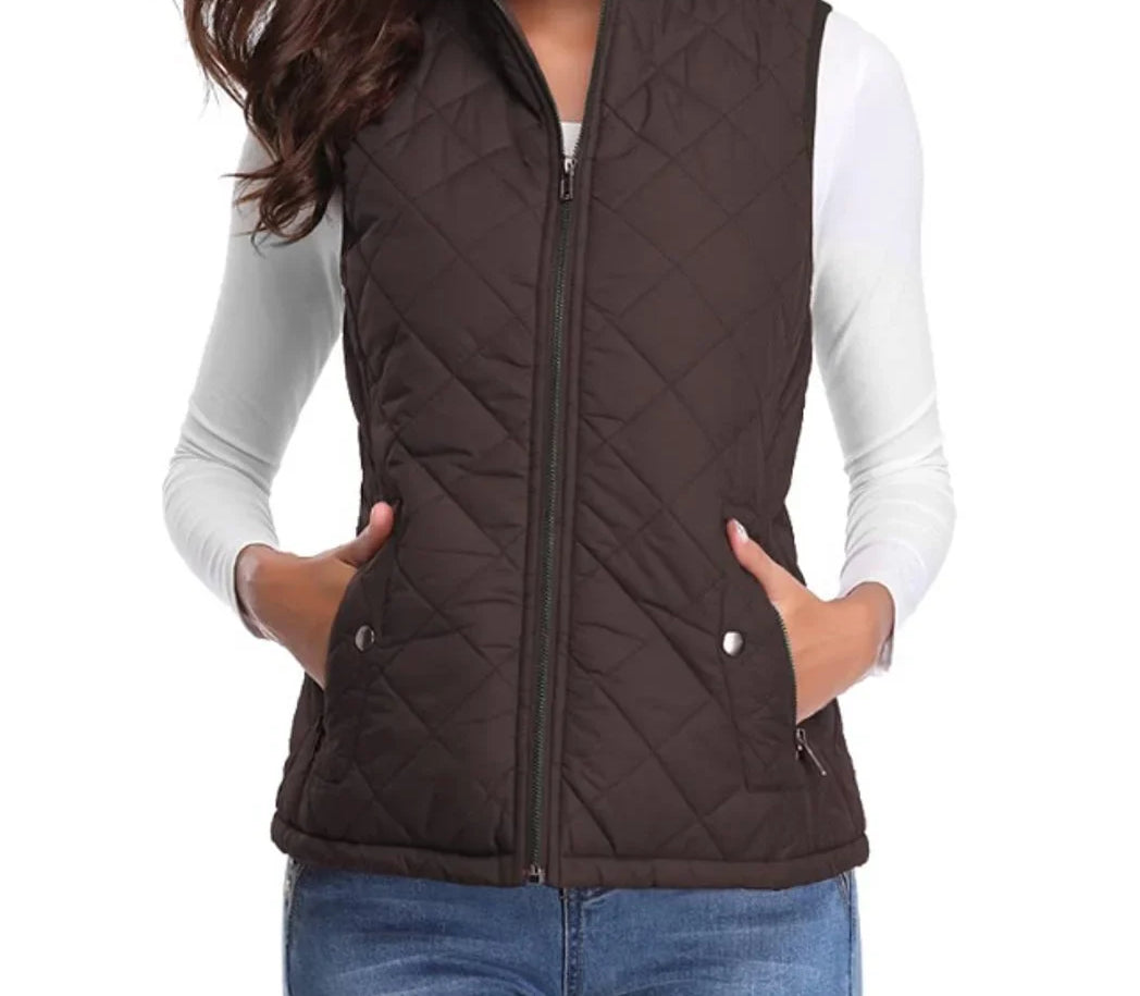 Dairine - Women's Diamond-Quilted Puffer Vest with Stand Collar - Brown