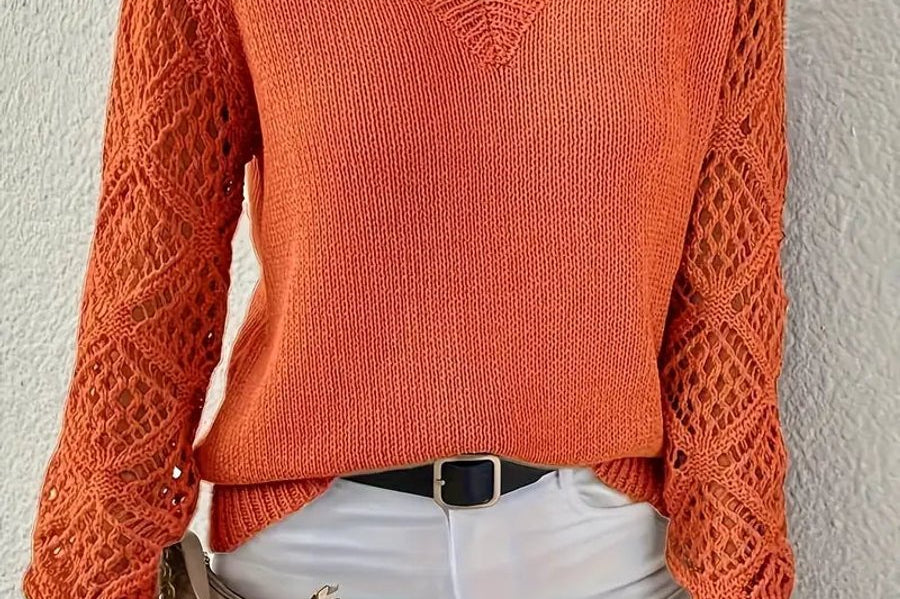 Women's Pointelle Knit V-Neck Sweater | Light Openwork Sweater