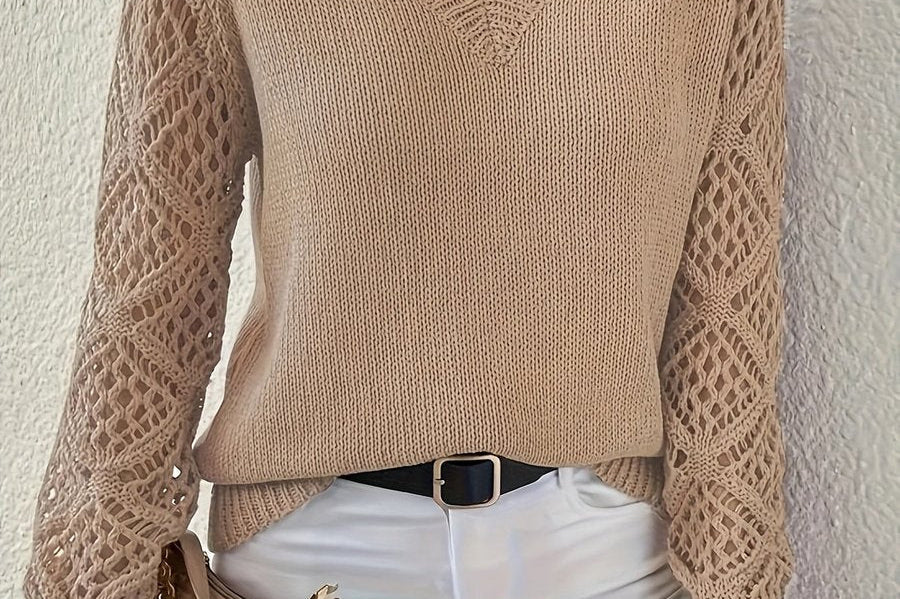 Women's Pointelle Knit V-Neck Sweater | Light Openwork Sweater