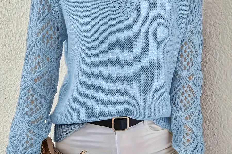 Women's Pointelle Knit V-Neck Sweater | Light Openwork Sweater