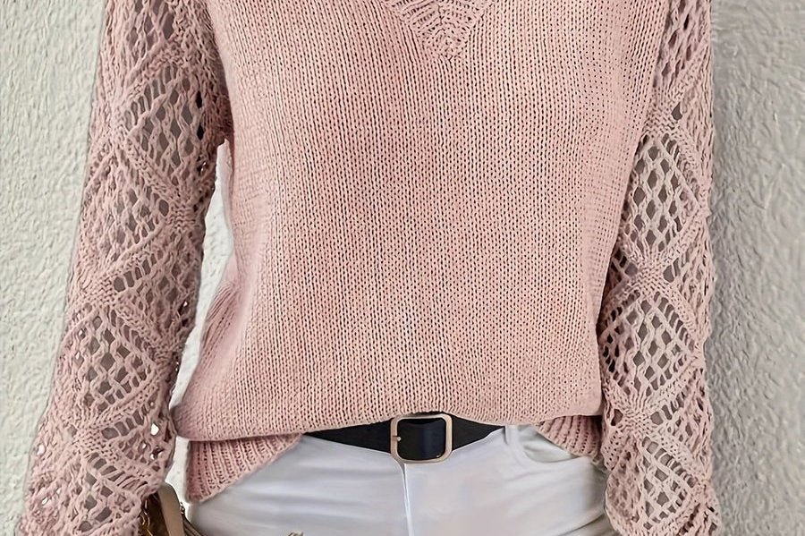Women's Pointelle Knit V-Neck Sweater | Light Openwork Sweater