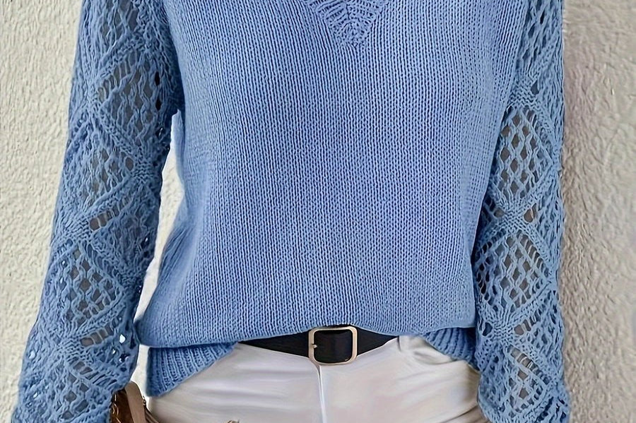 Women's Pointelle Knit V-Neck Sweater | Light Openwork Sweater