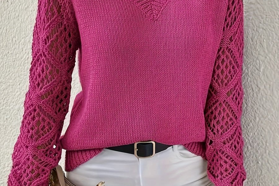 Women's Pointelle Knit V-Neck Sweater | Light Openwork Sweater