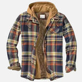 Dave - Men's Checked Hooded Shirt Jacket with Quilted Lining - Blue and Orange Plaid