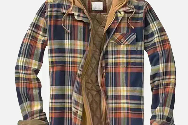 Dave - Men's Checked Hooded Shirt Jacket with Quilted Lining - Blue and Orange Plaid