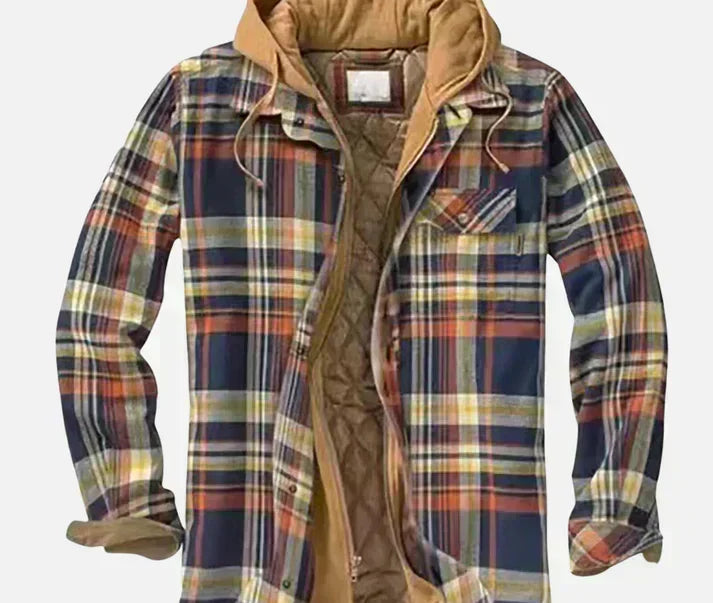 Dave - Men's Checked Hooded Shirt Jacket with Quilted Lining - Blue and Orange Plaid