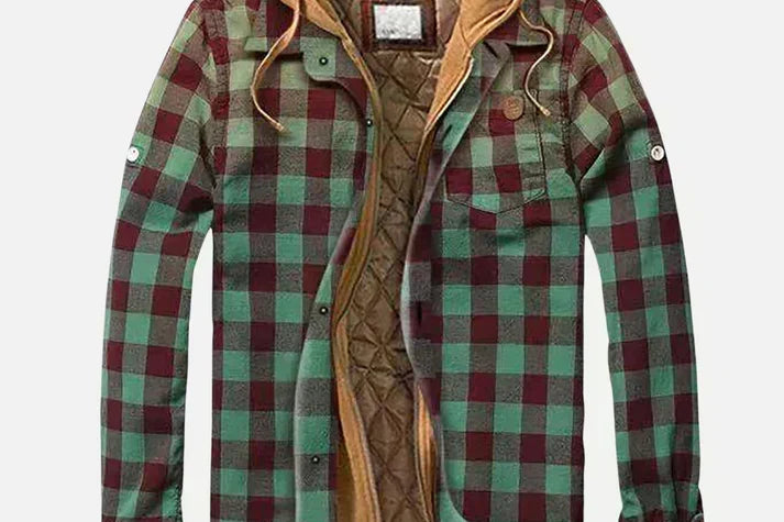 Dave - Men's Checked Hooded Shirt Jacket with Quilted Lining - Green