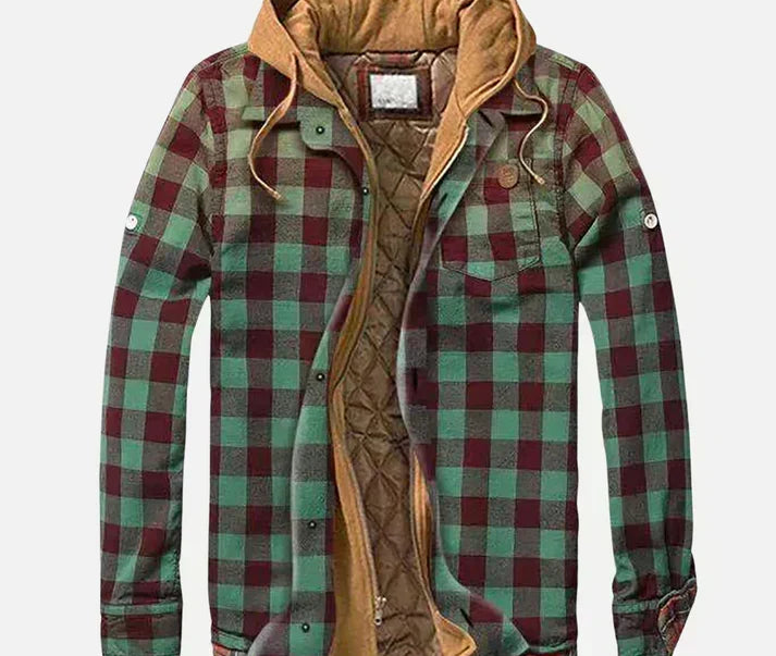 Dave - Men's Checked Hooded Shirt Jacket with Quilted Lining - Green