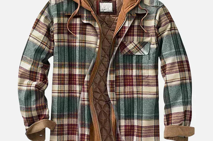 Dave - Men's Checked Hooded Shirt Jacket with Quilted Lining - Dark Green