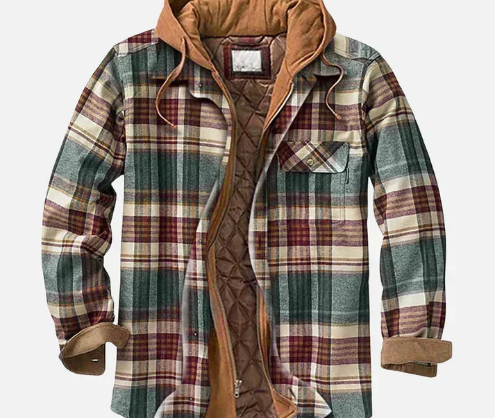 Dave - Men's Checked Hooded Shirt Jacket with Quilted Lining - Dark Green