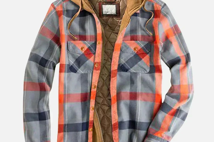 Dave - Men's Checked Hooded Shirt Jacket with Quilted Lining - Gray