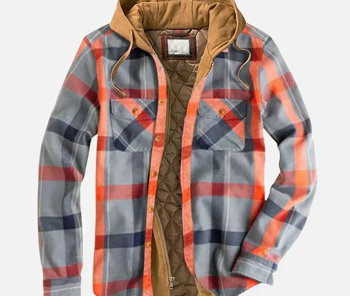 Dave - Men's Checked Hooded Shirt Jacket with Quilted Lining - Gray