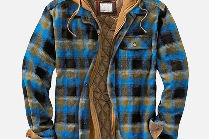 Dave - Men's Checked Hooded Shirt Jacket with Quilted Lining - Blue