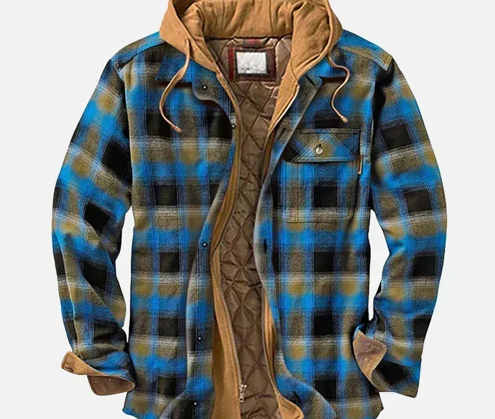 Dave - Men's Checked Hooded Shirt Jacket with Quilted Lining - Blue