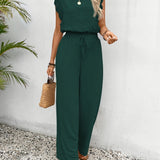 Wide-Leg Lace-Sleeve Jumpsuit - Dark Green
