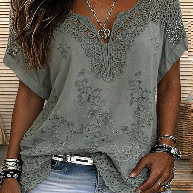Women's Crochet-Trim V-Neck Blouse | Relaxed Short-Sleeve Summer Blouse