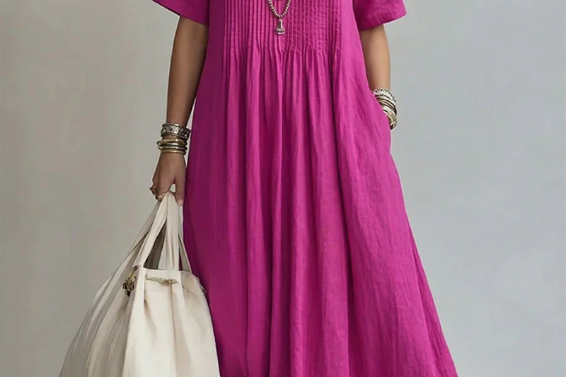 Pink pleated midi dress