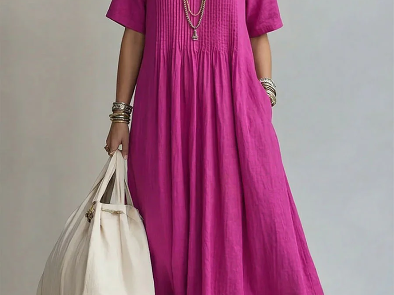 Pink pleated midi dress