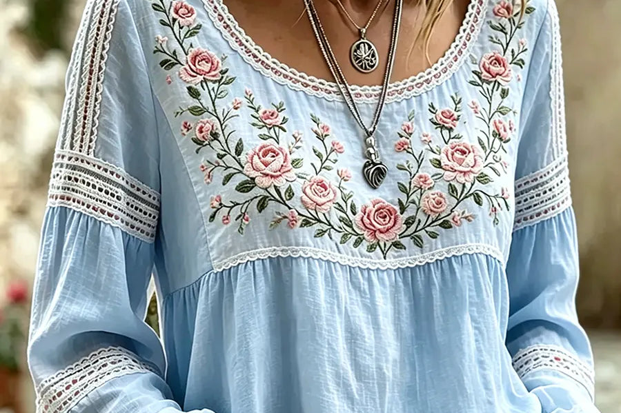 Women's Embroidered Linen Blouse | Breathable Long-Sleeve Top