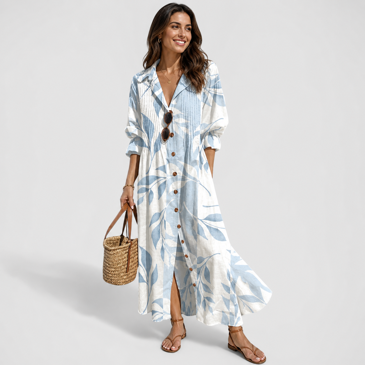 Deirdra - Women's Floral Maxi Dress with Tummy Panel - Light Blue