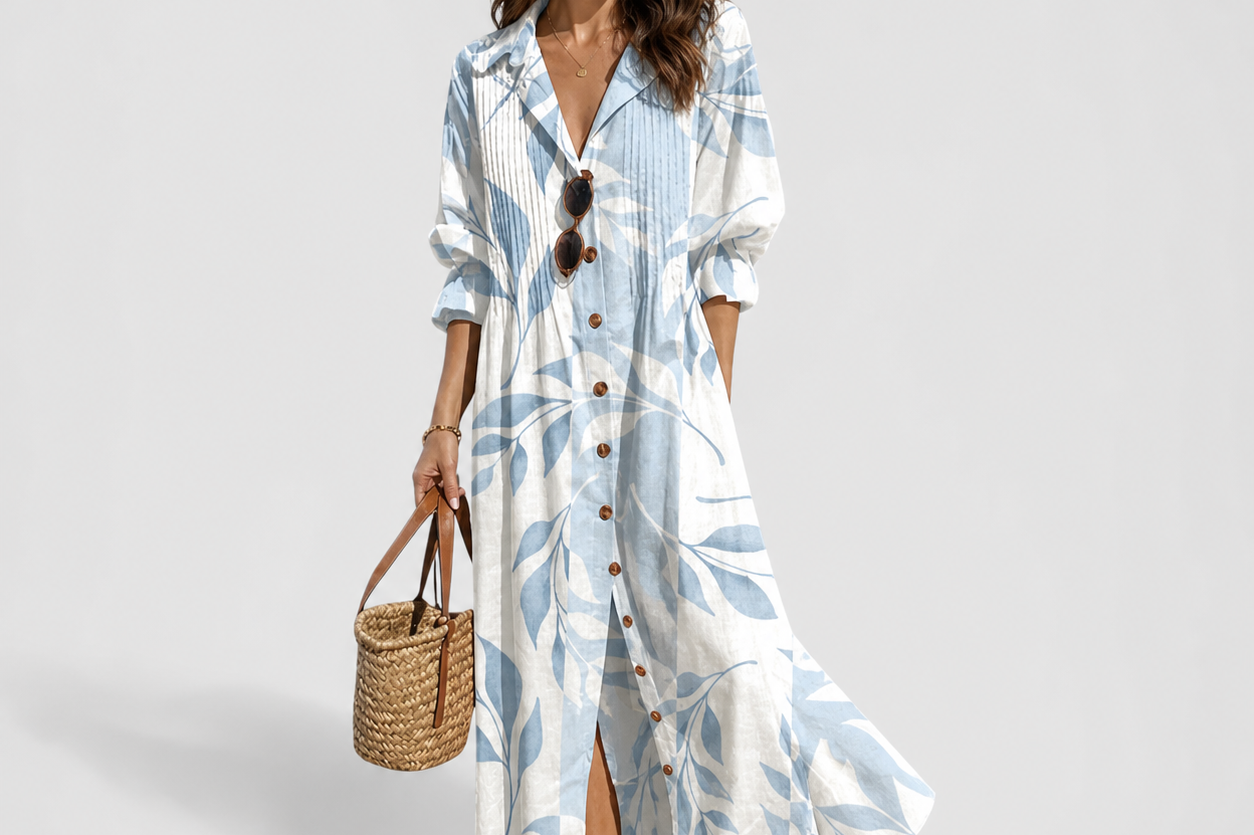 Deirdra - Women's Floral Maxi Dress with Tummy Panel - Light Blue