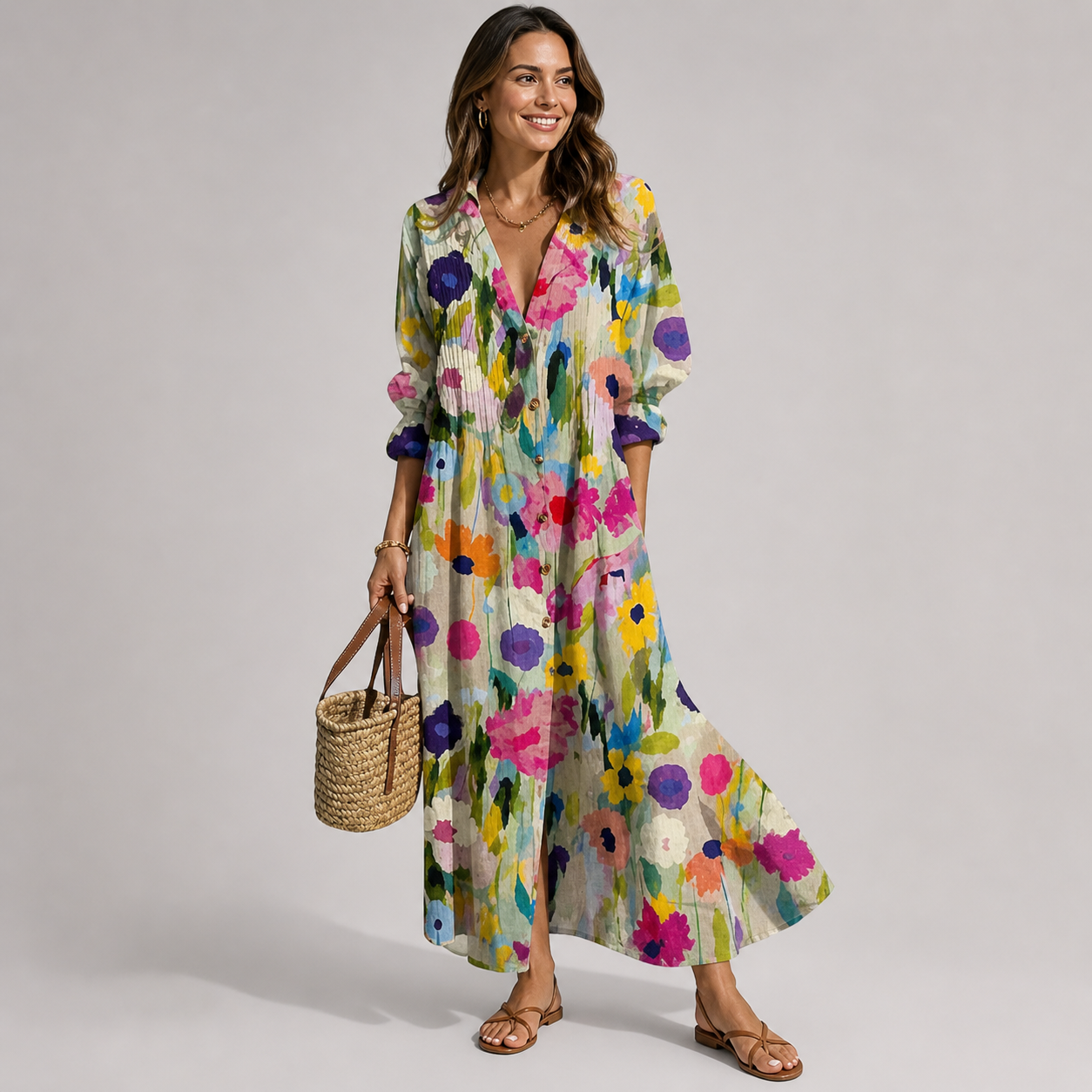 Deirdra - Women's Floral Maxi Dress with Tummy Panel - Floral