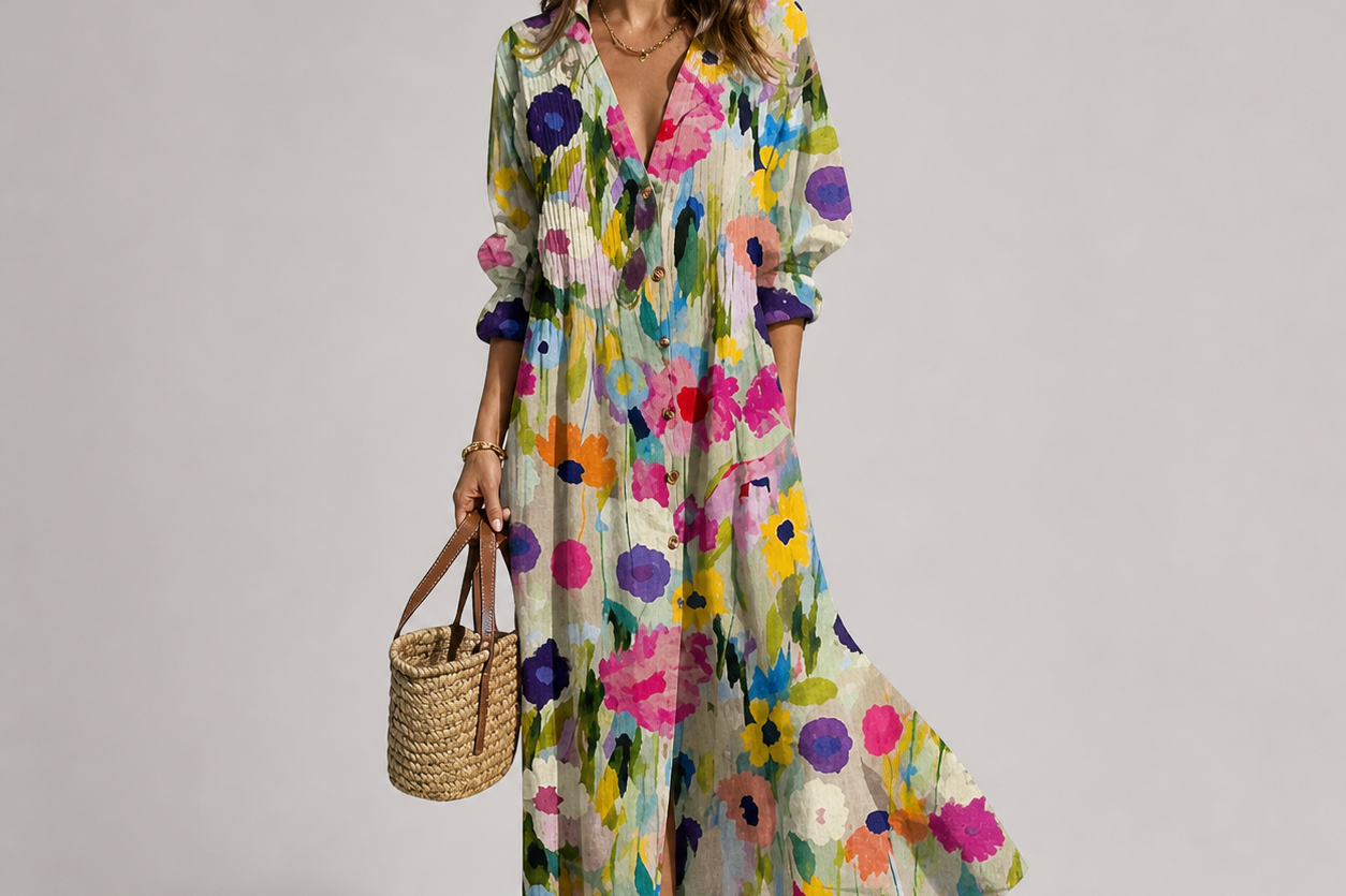 Deirdra - Women's Floral Maxi Dress with Tummy Panel - Floral