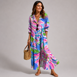 Deirdra - Women's Floral Maxi Dress with Tummy Panel - Purple