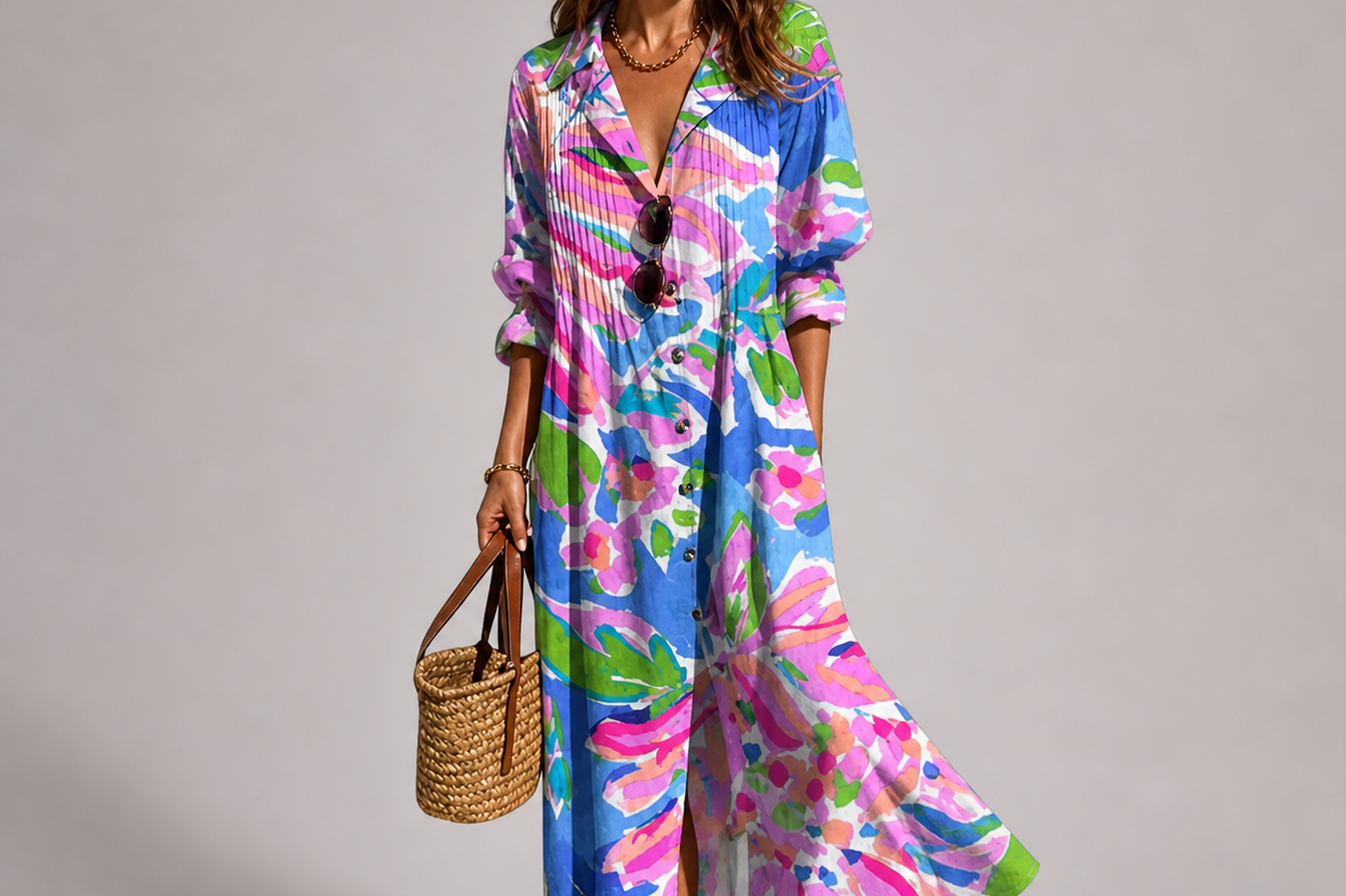 Deirdra - Women's Floral Maxi Dress with Tummy Panel - Purple