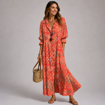 Deirdra - Women's Floral Maxi Dress with Tummy Panel - Orange